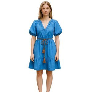 Beguilded Dress Short Puff Sleeve Belted Above Knee V-Neck Cotton Blue Medium